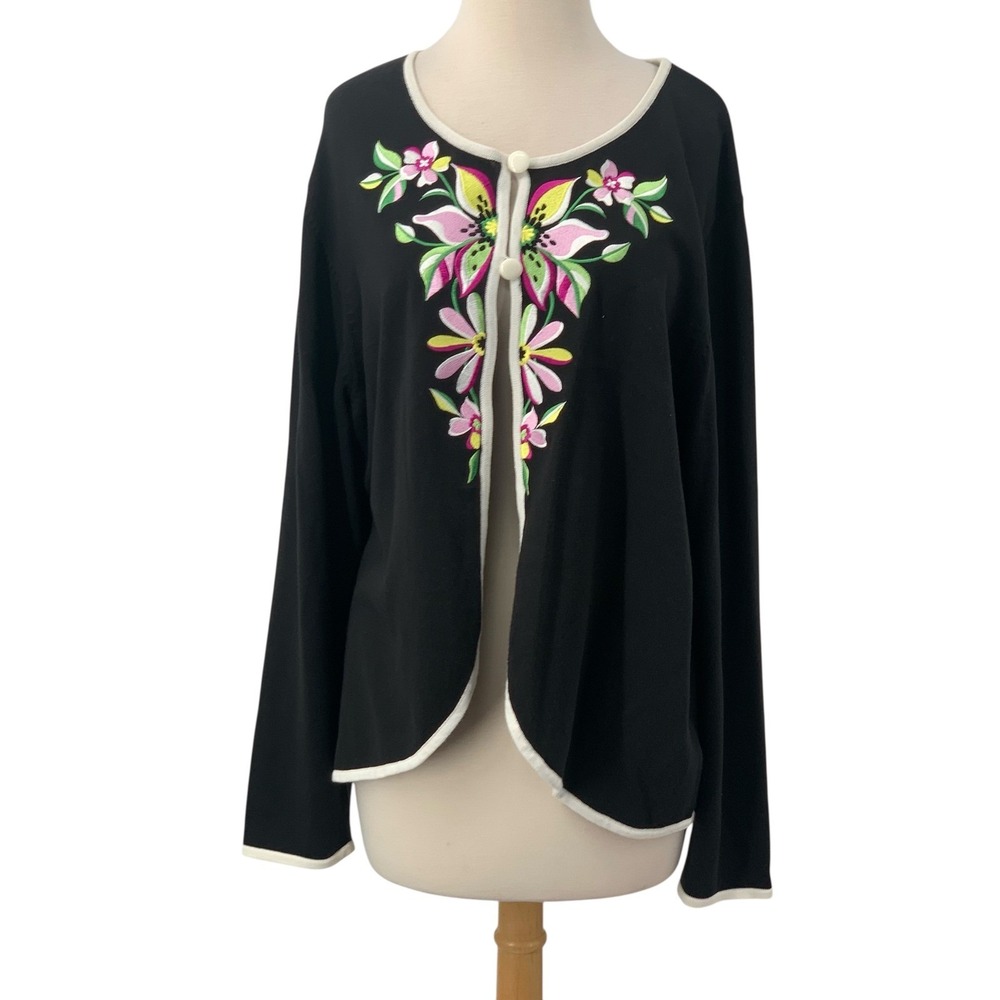 Bob Mackie Wearable Art Long Sleeve Cardigan Sweater Black Embroidered Floral XL
